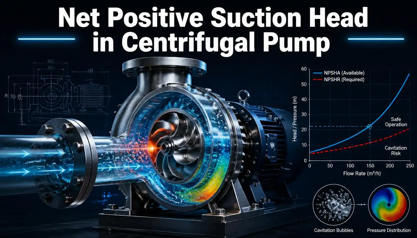 Net Positive Suction Head in Centrifugal Pump illustration showing fluid flow, impeller, cavitation, and NPSHA vs NPSHR performance graph.