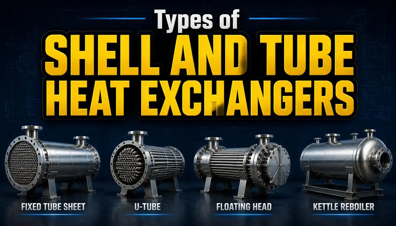 Common types of shell and tube heat exchangers used in industry.